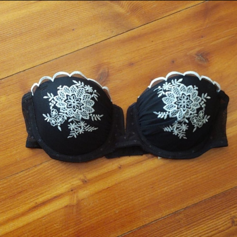 Embroidered Scalloped Plunge Mesh Bra 34A